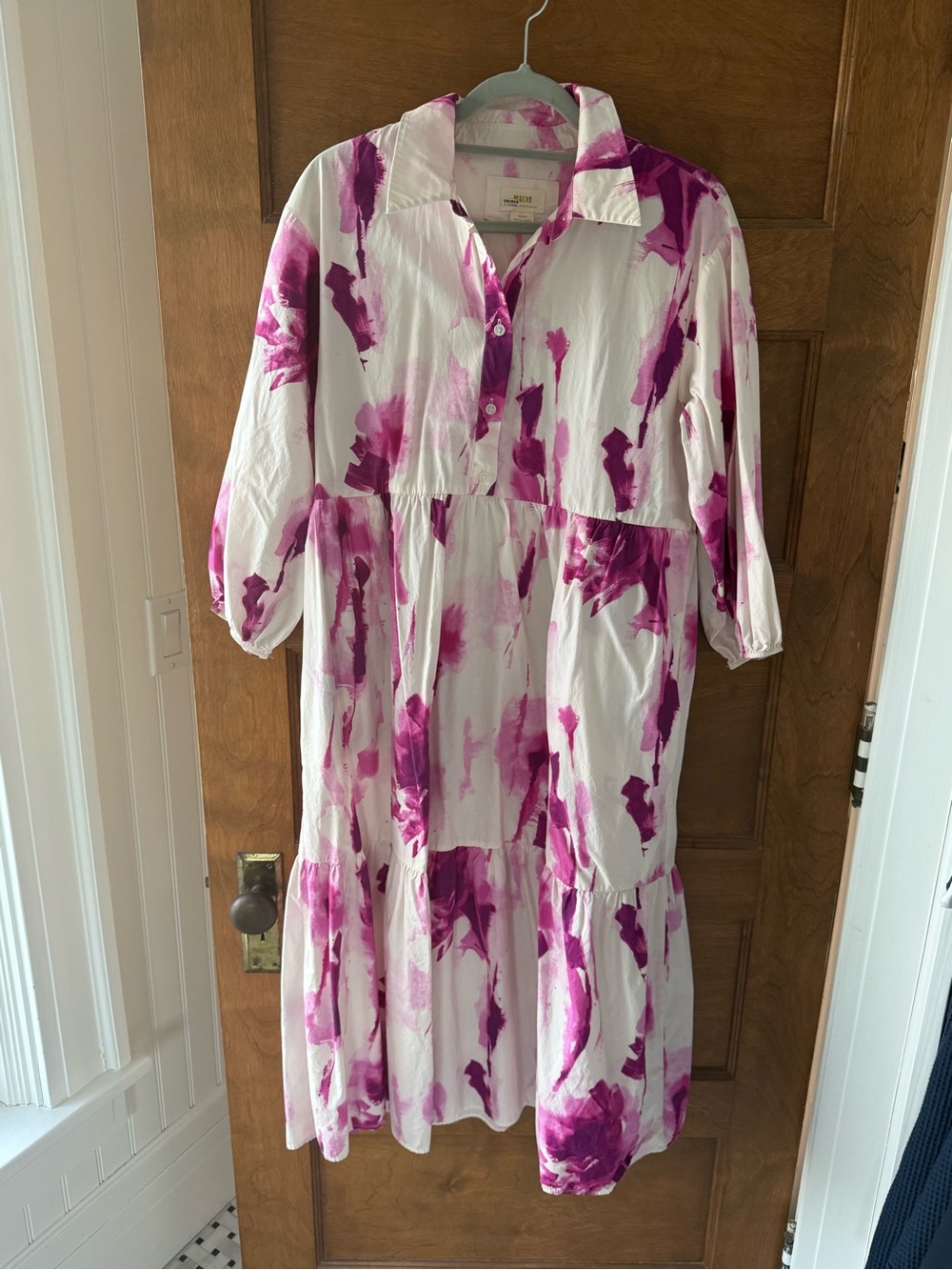 Maeve Bettina Anthropologie White Dress with Pink Watercolor Accents